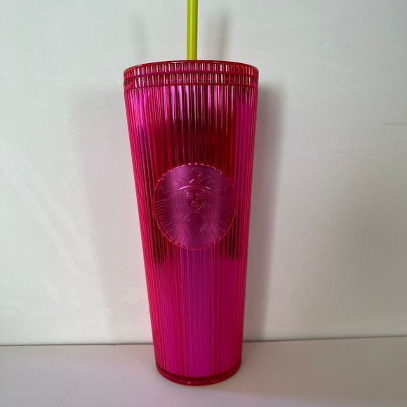 Starbucks Other - Starbucks 2023 Iridescent Magenta Pink Stripe Yellow Straw Cold Cup Tumbler 24oz